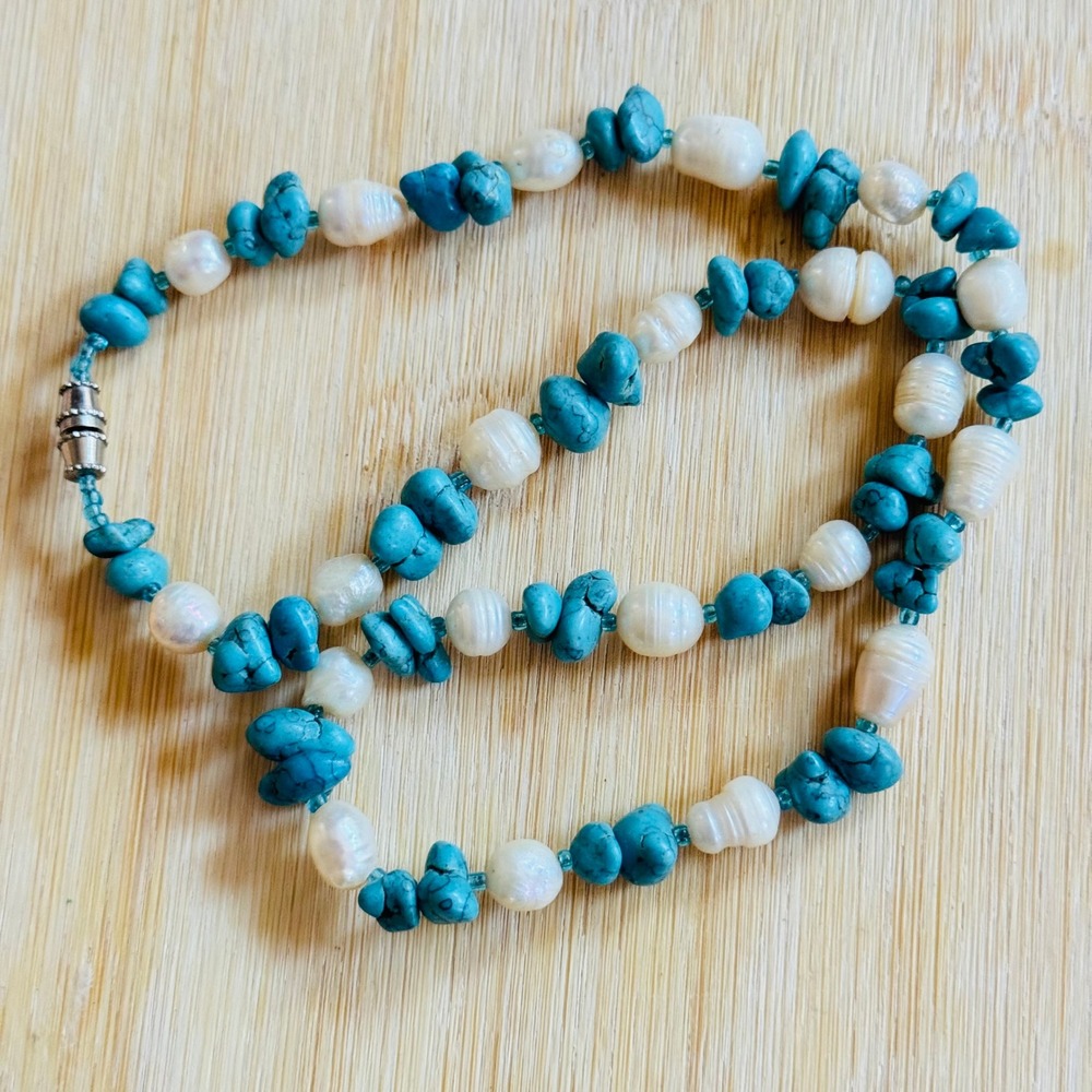 BOHO Turquoise freshwater Pearl Necklace VtG Genuine Gemstone Natural 18" Y2k